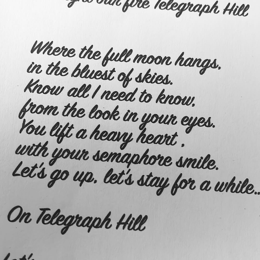 Handwritten song lyris to the song 'Telegraph Hil'l
